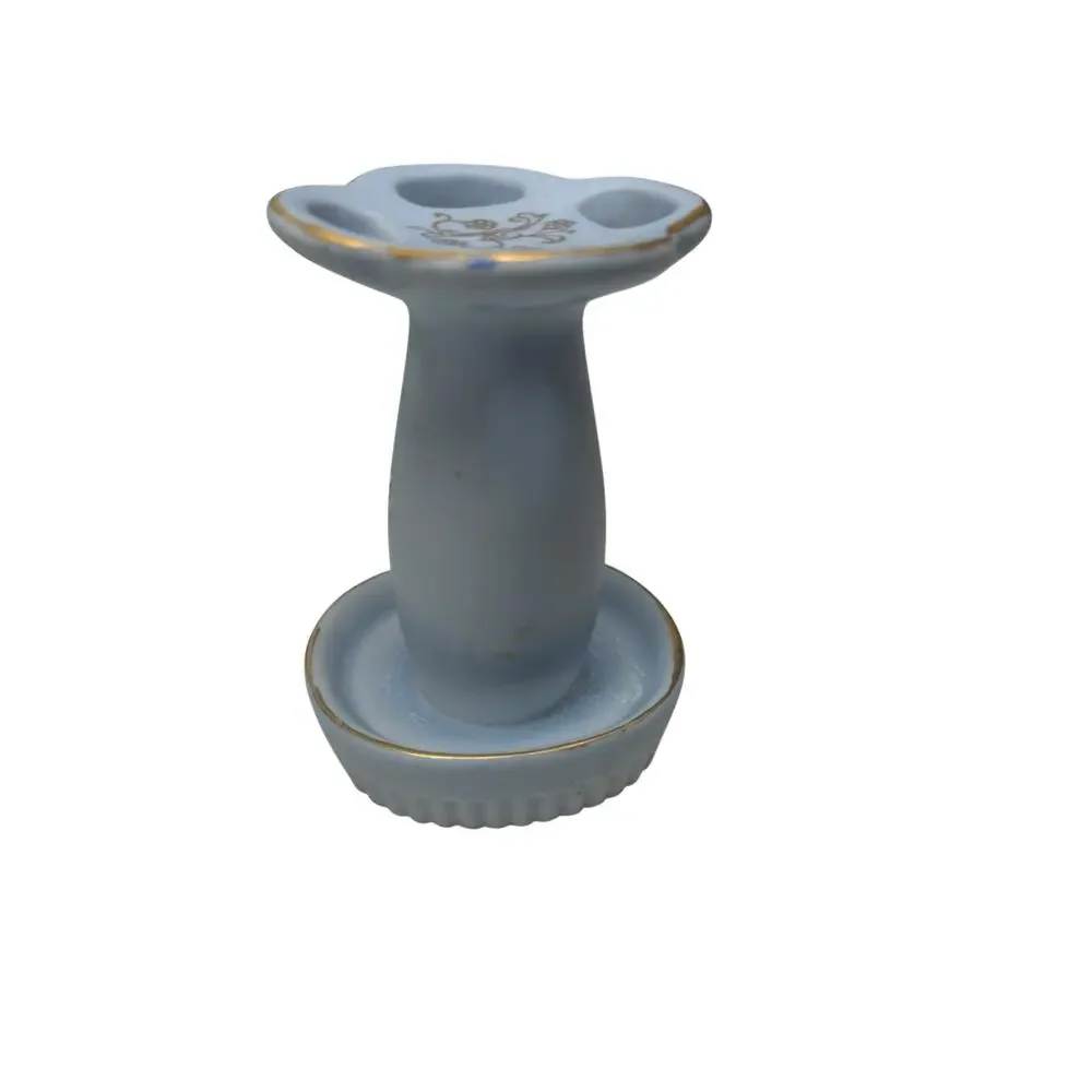 Vintage‎ Porcelain Toothbrush Holder Blue Floral Gold Trim Cottagecore Bath